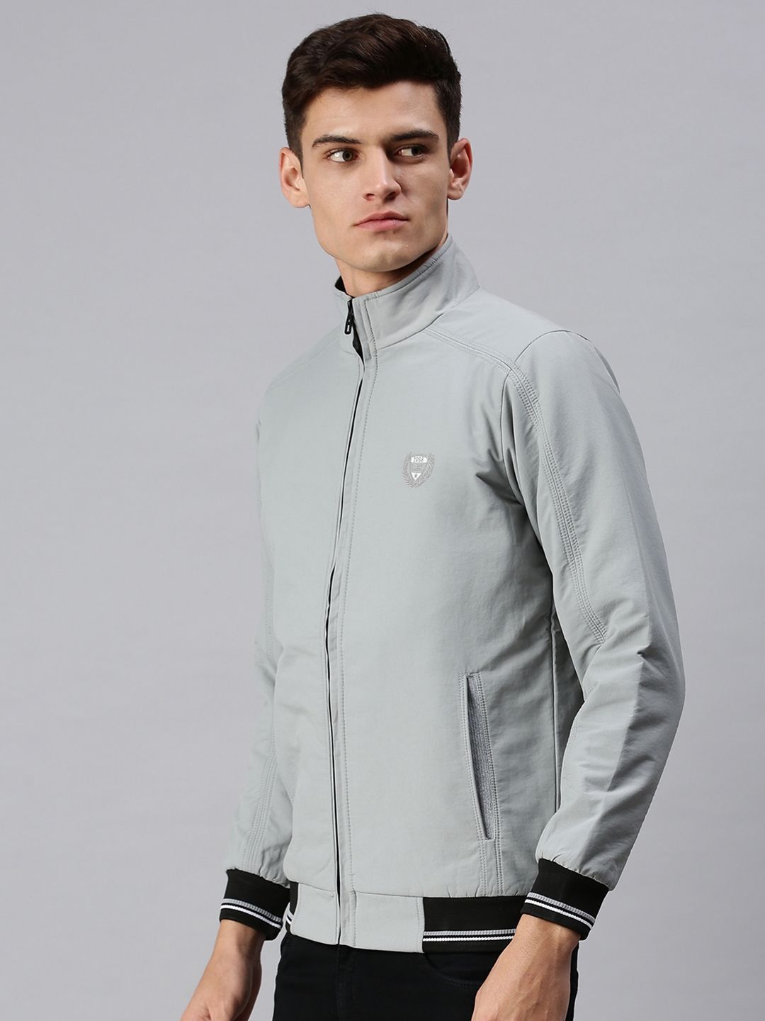 Showoff | SHOWOFF Men Grey Solid Classic Collar Full Sleeves Slim Fit Mid Length Bomber Jacket 1