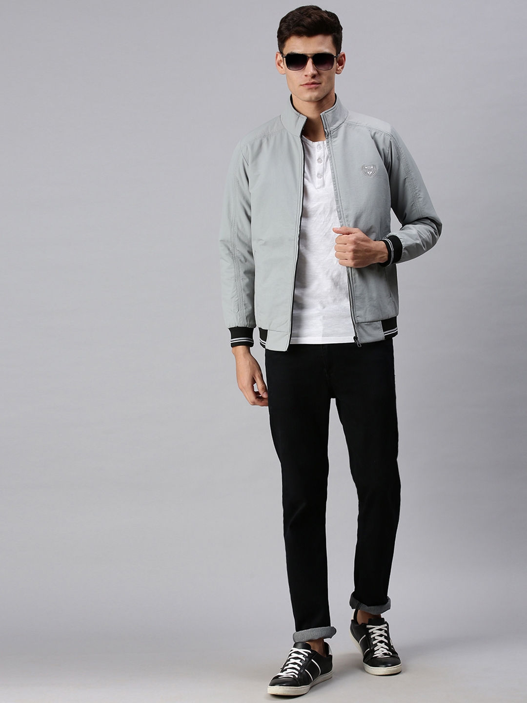 Showoff | SHOWOFF Men Grey Solid Classic Collar Full Sleeves Slim Fit Mid Length Bomber Jacket 3