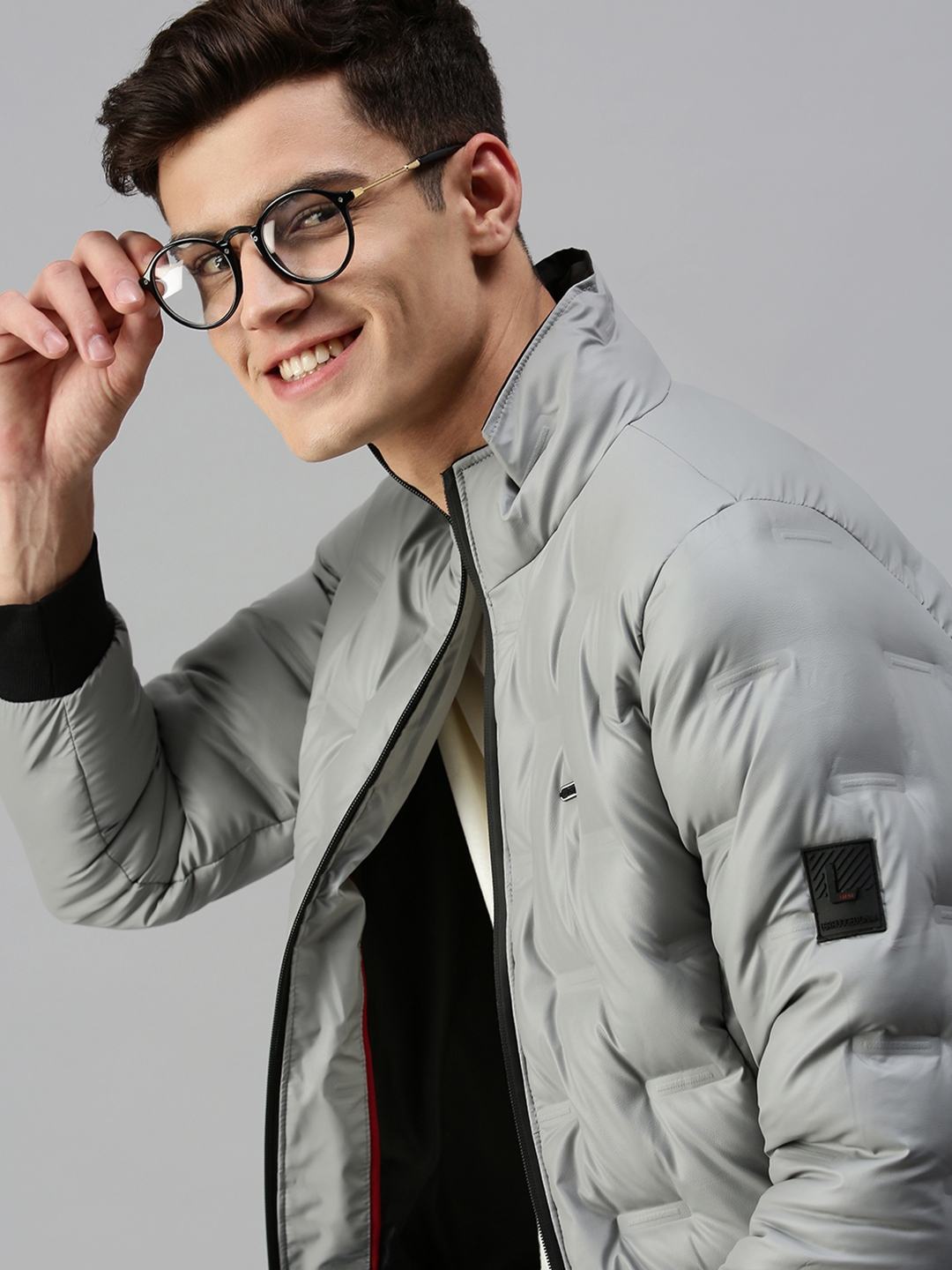 Showoff | SHOWOFF Men Grey Solid Classic Collar Full Sleeves Slim Fit Mid Length Jacket 0