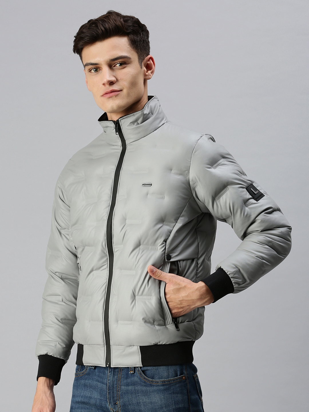 Showoff | SHOWOFF Men Grey Solid Classic Collar Full Sleeves Slim Fit Mid Length Jacket 2