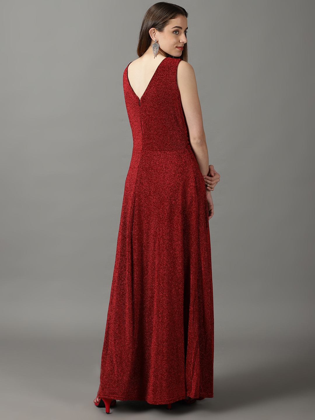 SHOWOFF Women's Fit and Flare Red Embellished Maxi Dress