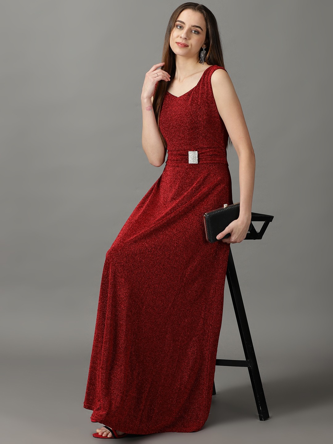 SHOWOFF Women's Fit and Flare Red Embellished Maxi Dress