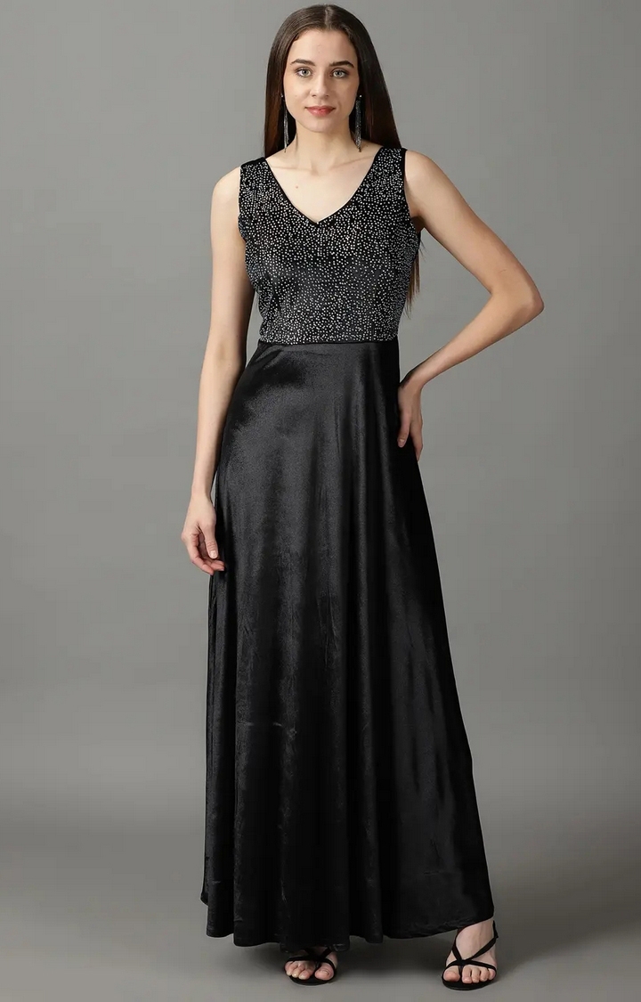 Showoff | SHOWOFF Women Black Embellished V Neck Sleeveless Maxi Fit and Flare Dress 0