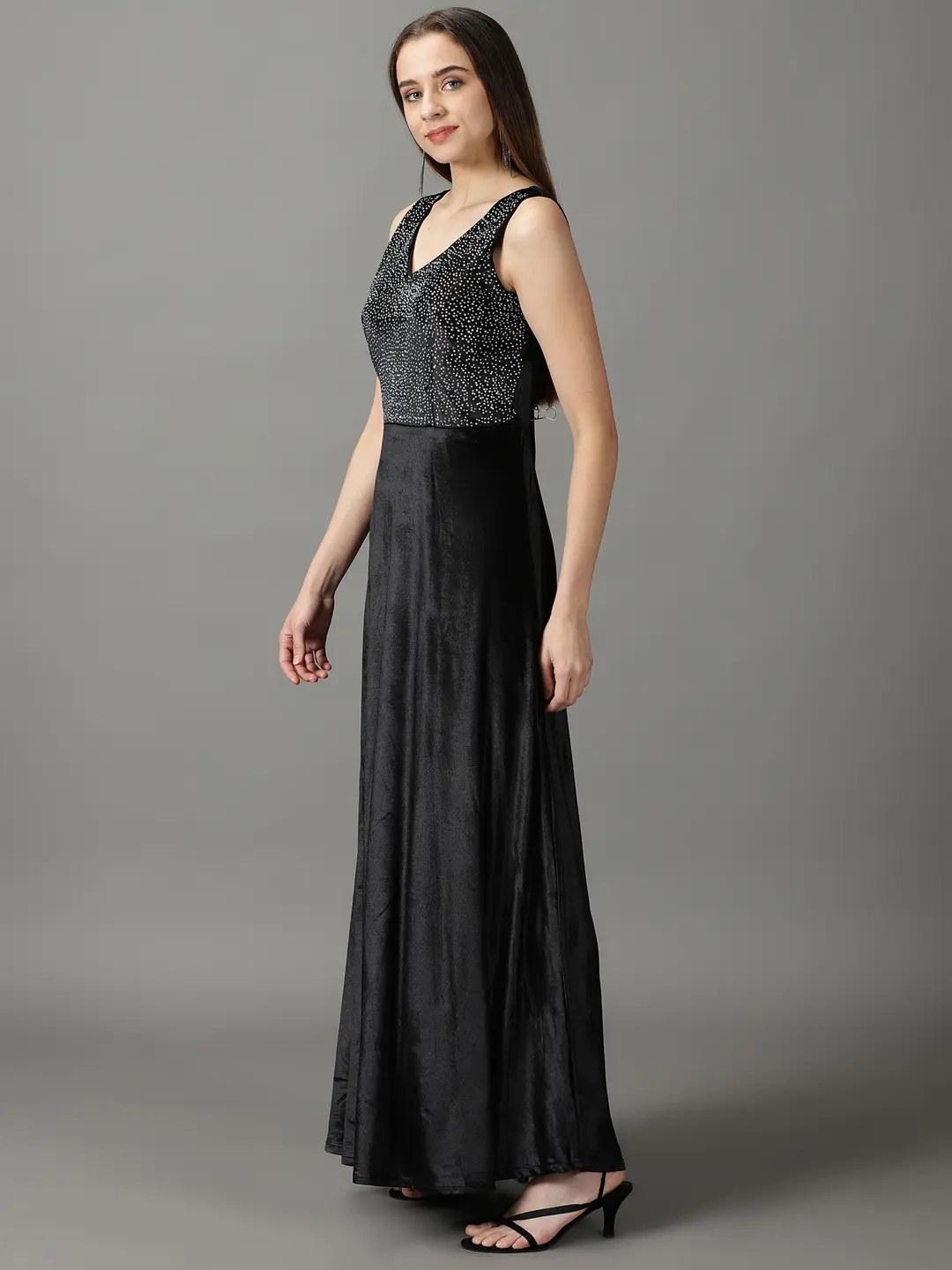 Showoff | SHOWOFF Women Black Embellished V Neck Sleeveless Maxi Fit and Flare Dress 2
