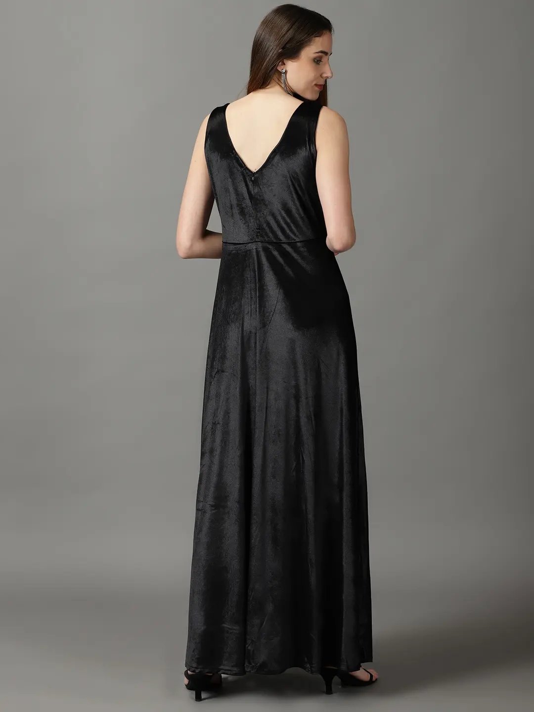 Showoff | SHOWOFF Women Black Embellished V Neck Sleeveless Maxi Fit and Flare Dress 3