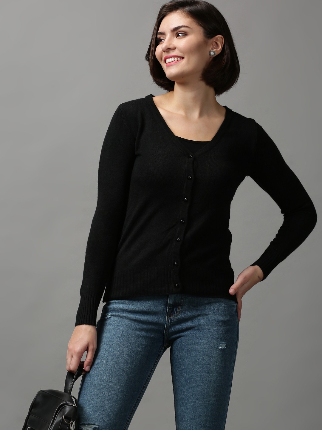 SHOWOFF Women Black Solid V Neck Full Sleeves Sweater Vest Sweater