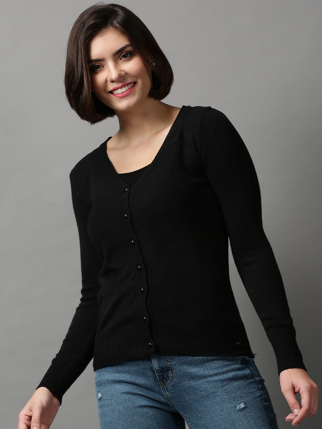 SHOWOFF Women Black Solid V Neck Full Sleeves Sweater Vest Sweater