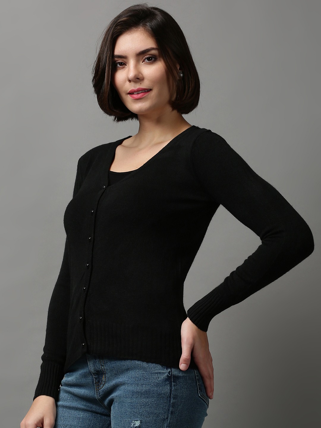 SHOWOFF Women Black Solid V Neck Full Sleeves Sweater Vest Sweater