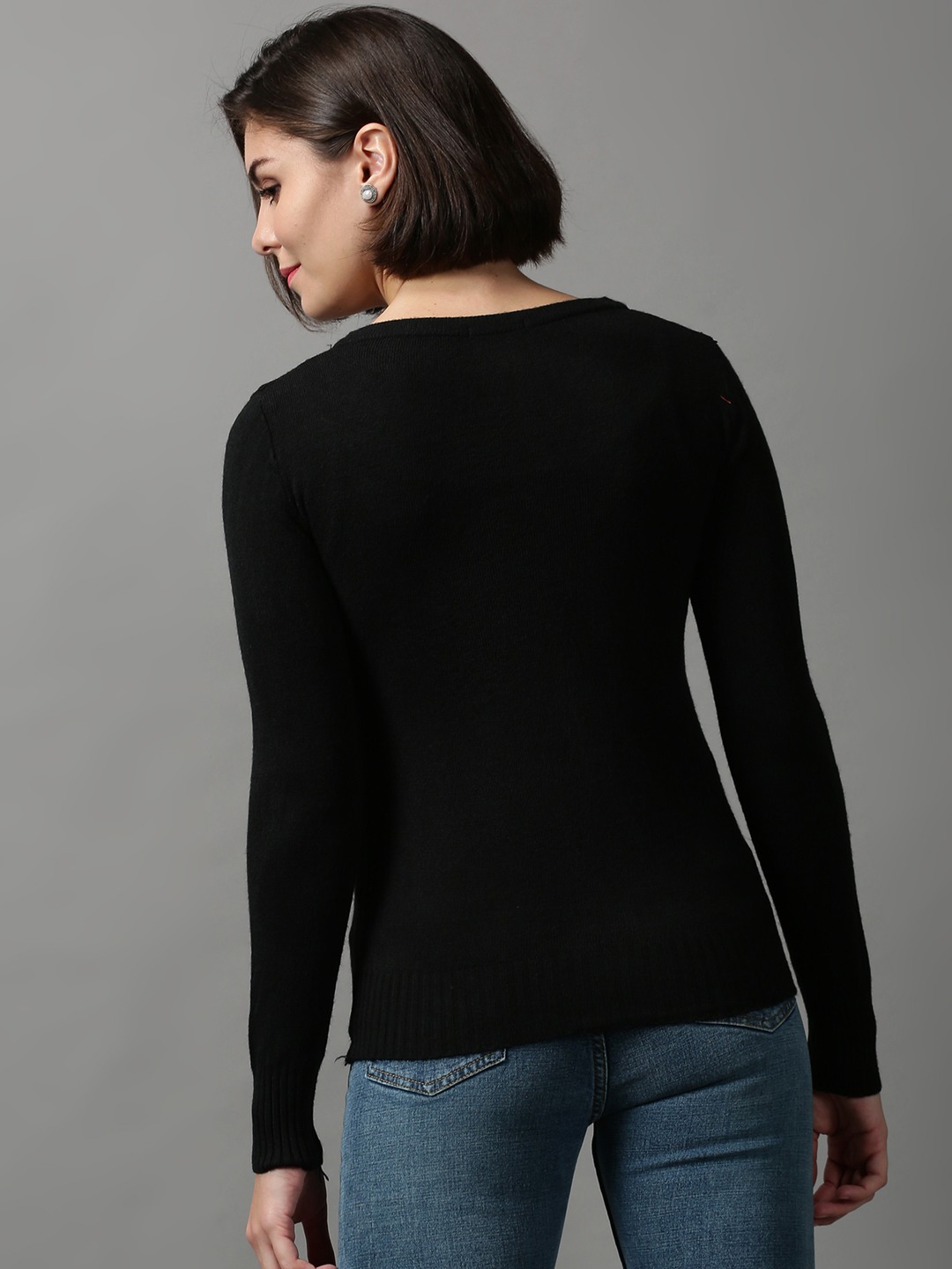 SHOWOFF Women Black Solid V Neck Full Sleeves Sweater Vest Sweater
