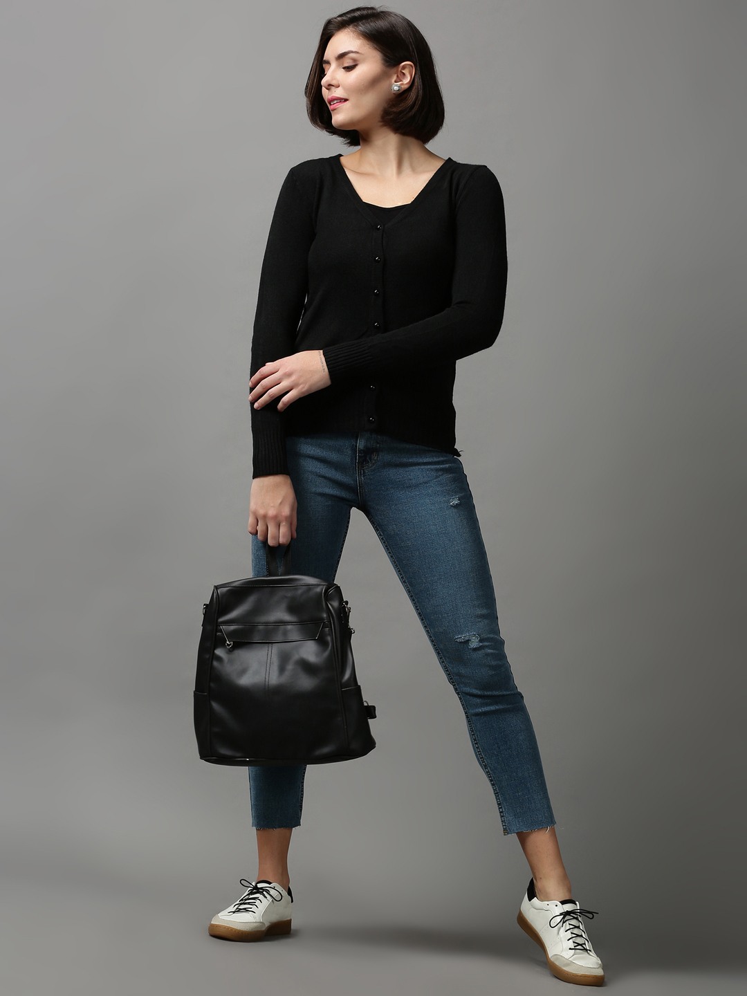 SHOWOFF Women Black Solid V Neck Full Sleeves Sweater Vest Sweater