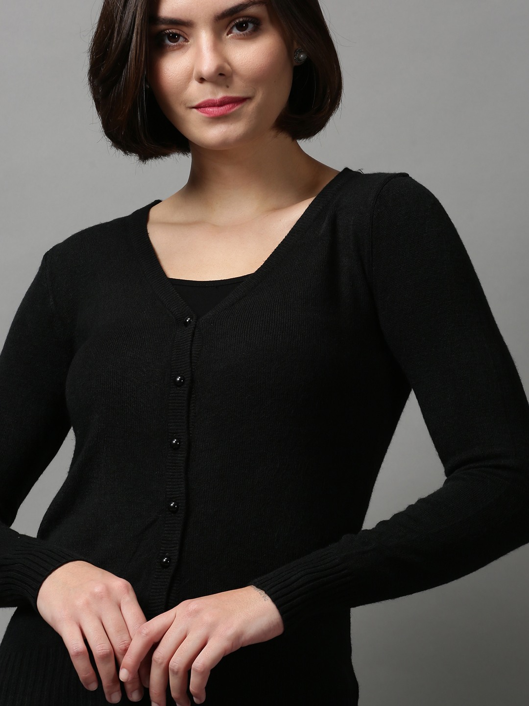 SHOWOFF Women Black Solid V Neck Full Sleeves Sweater Vest Sweater