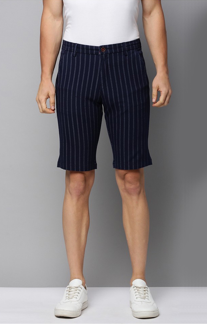 Showoff | SHOWOFF Men's Knee Length Striped Navy Blue Mid-Rise Regular Shorts 0