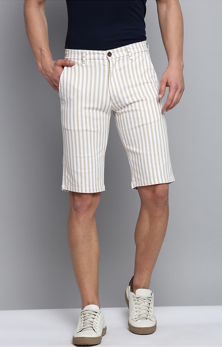 Showoff | SHOWOFF Men's Knee Length Striped Beige Mid-Rise Regular Shorts 0