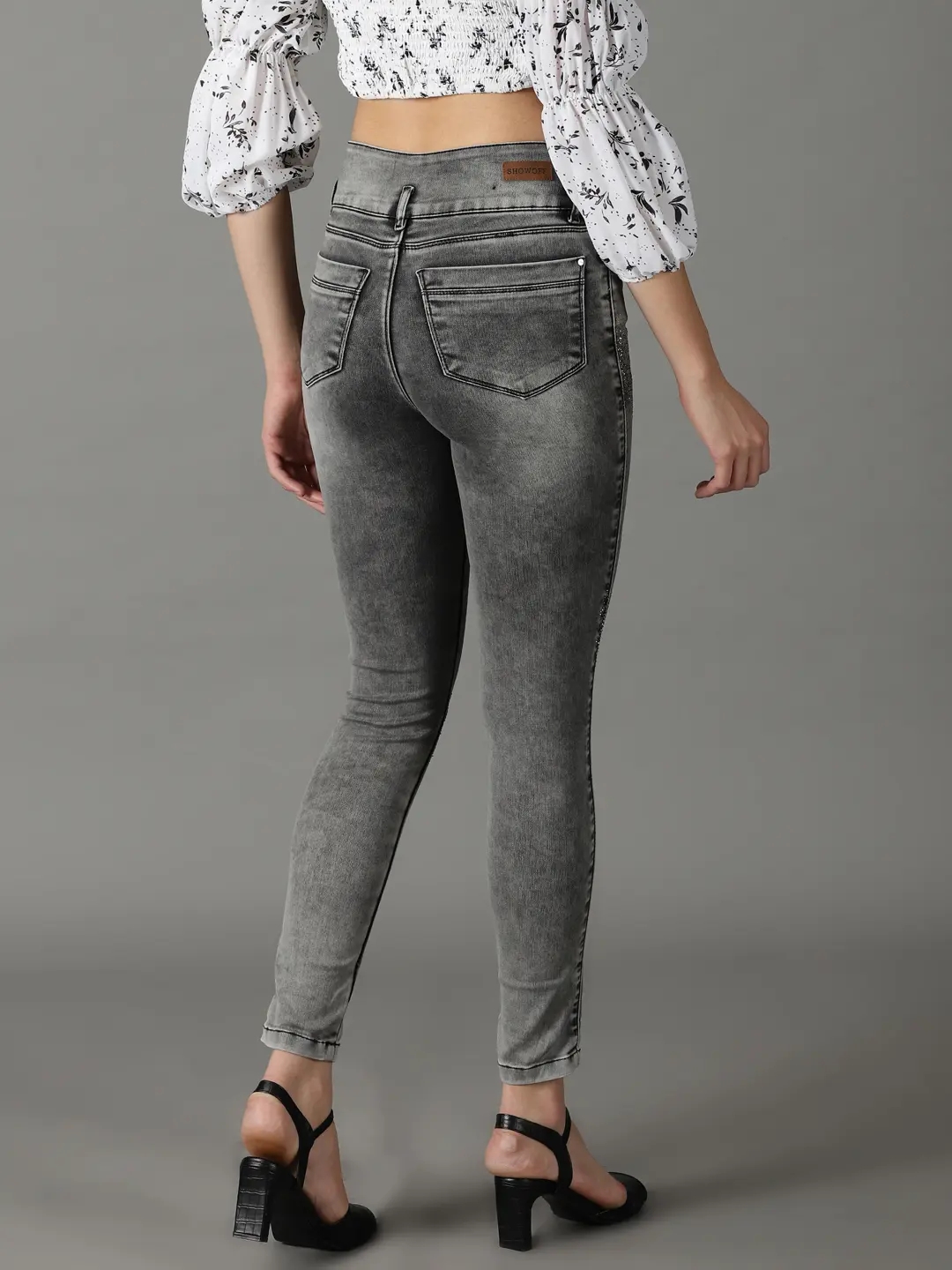 Showoff | SHOWOFF Women Grey Solid  Slim Fit Jeans 3