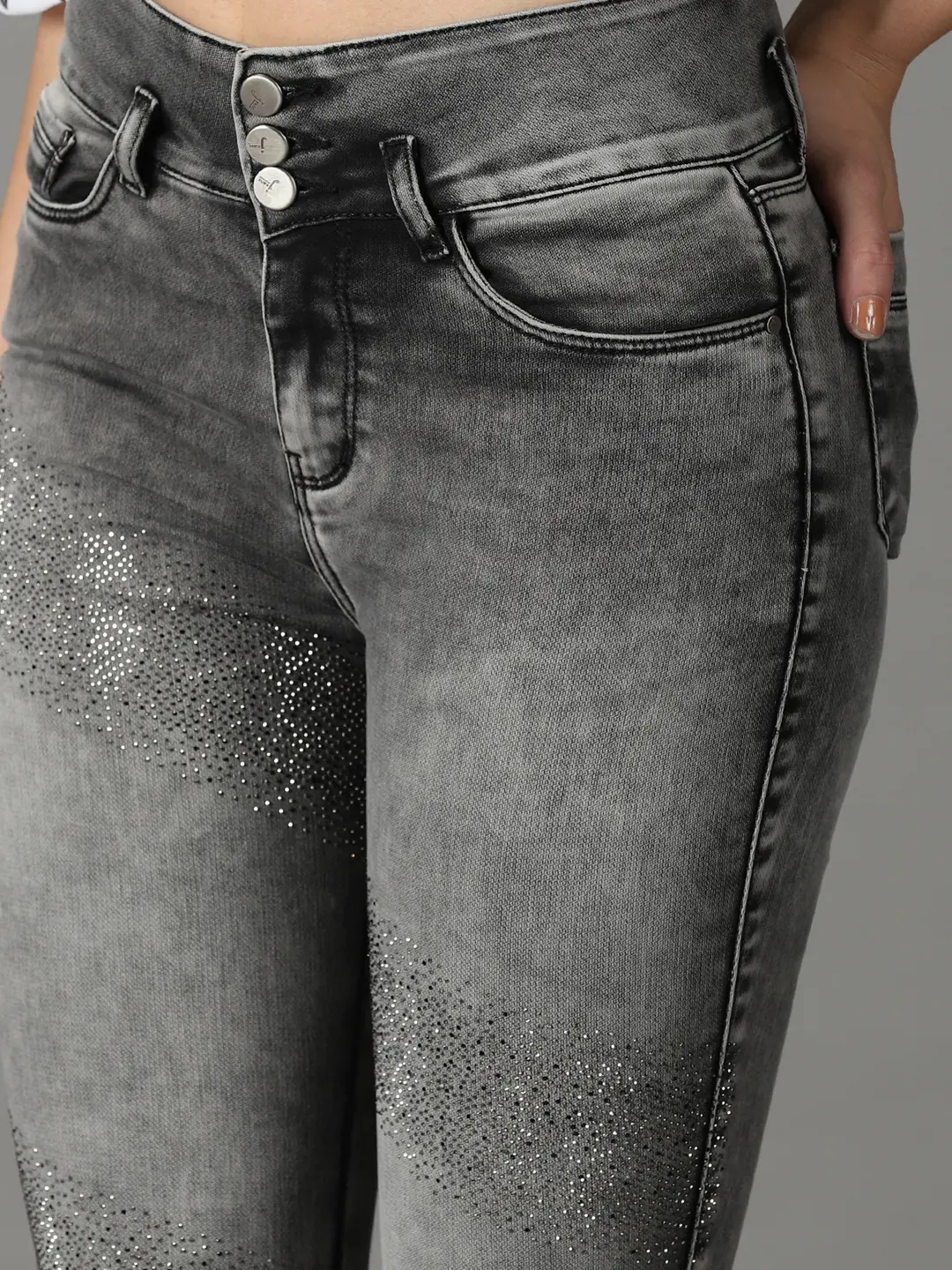 Showoff | SHOWOFF Women Grey Solid  Slim Fit Jeans 5