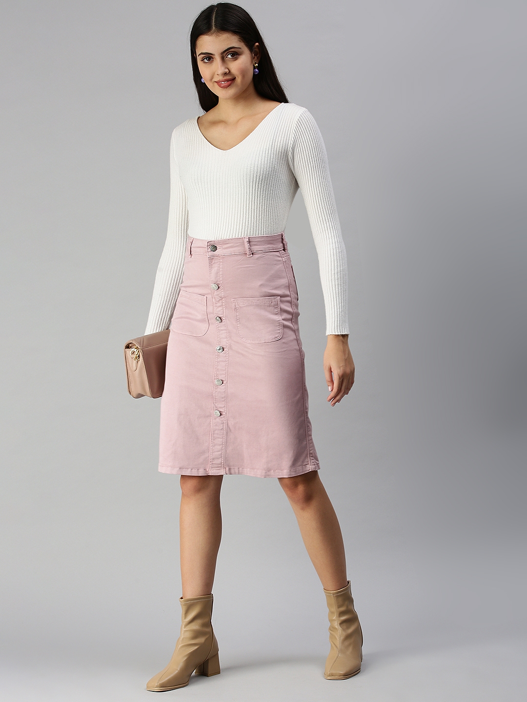 Showoff | SHOWOFF Women Pink Solid  Knee length Pencil Skirt 3