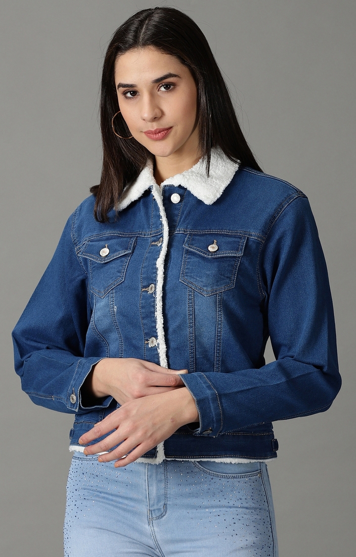 Showoff | SHOWOFF Women's Spread Collar Solid Blue Denim Jacket 0
