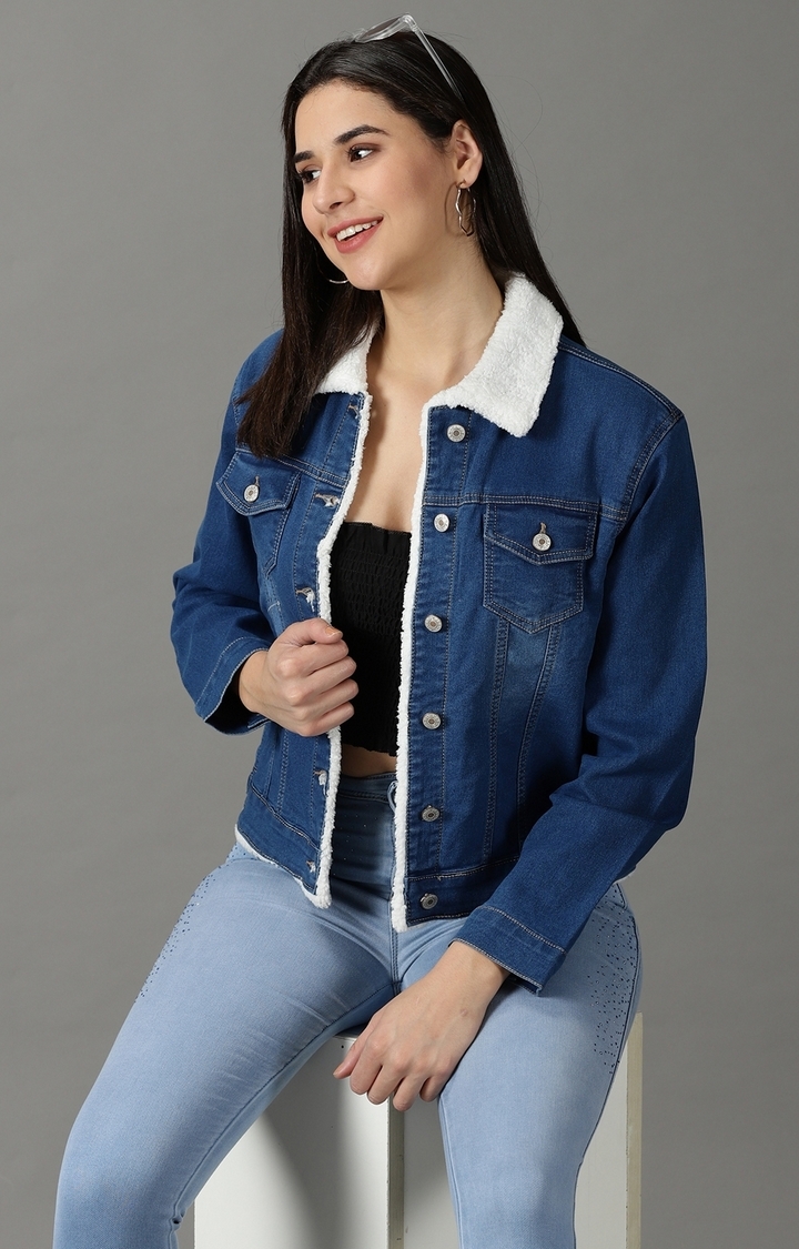 Showoff | SHOWOFF Women's Spread Collar Solid Blue Denim Jacket 1