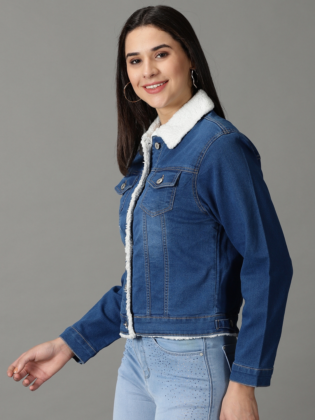 Showoff | SHOWOFF Women's Spread Collar Solid Blue Denim Jacket 2