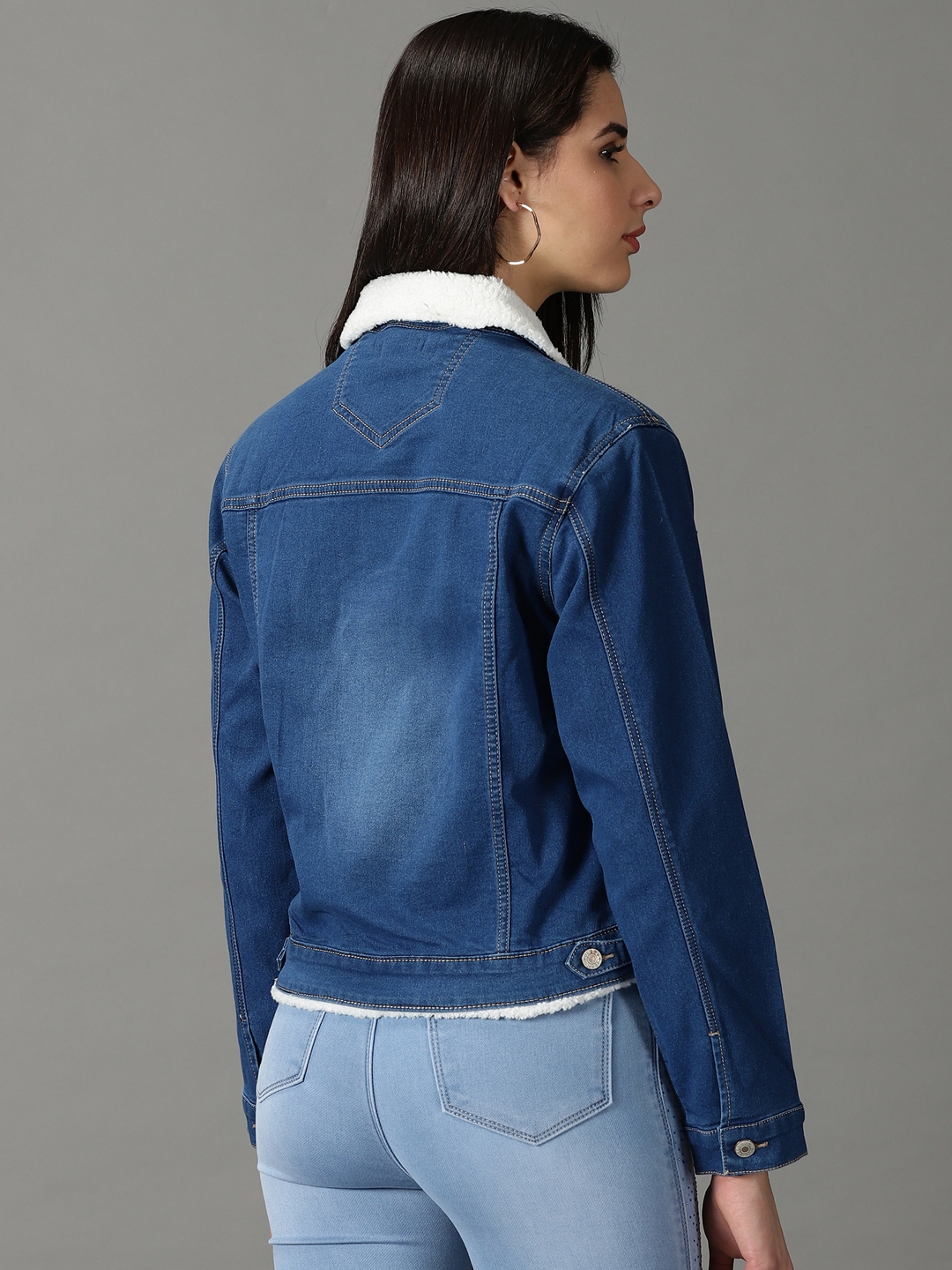 Showoff | SHOWOFF Women's Spread Collar Solid Blue Denim Jacket 3