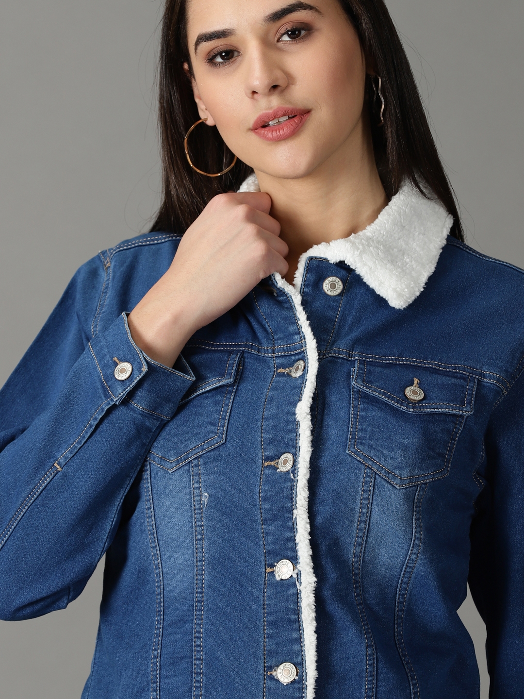 Showoff | SHOWOFF Women's Spread Collar Solid Blue Denim Jacket 5