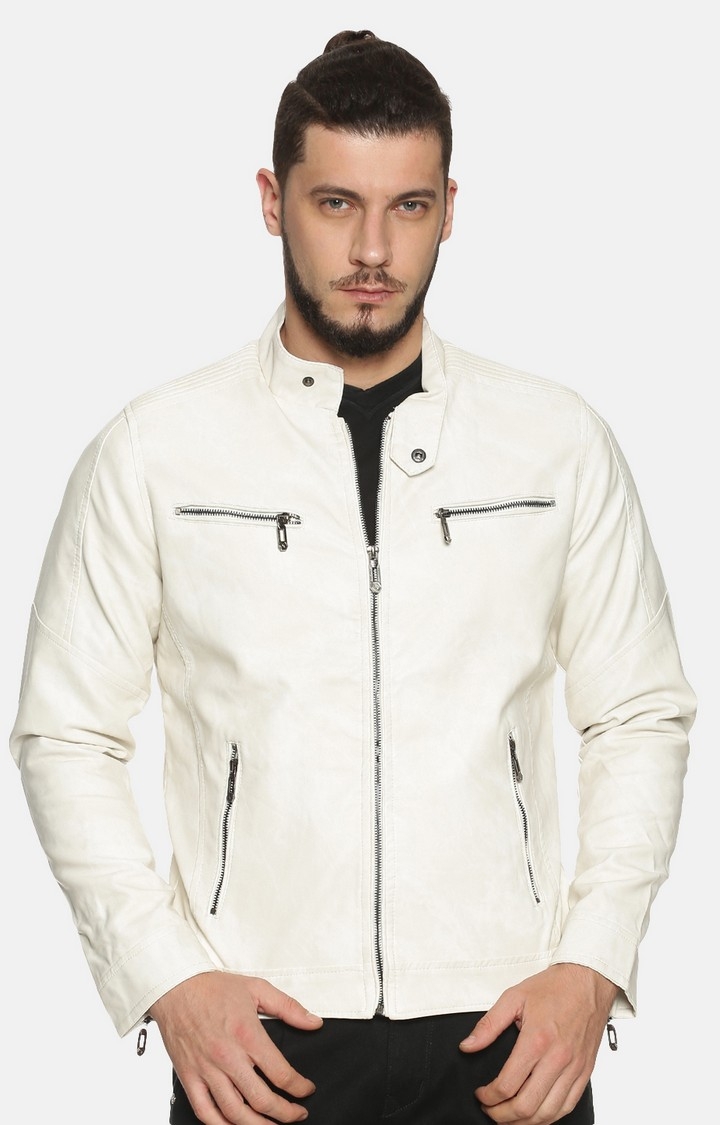 Showoff | Men white Casual Solid Leather jacket 0