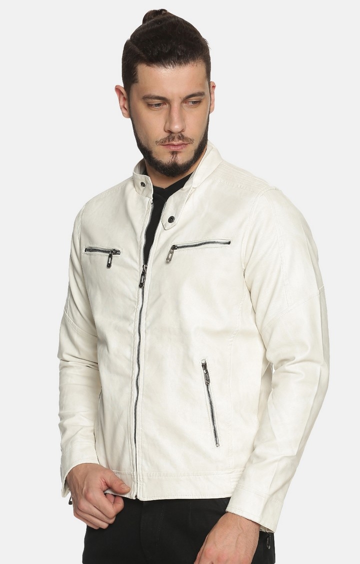 Showoff | Men white Casual Solid Leather jacket 1