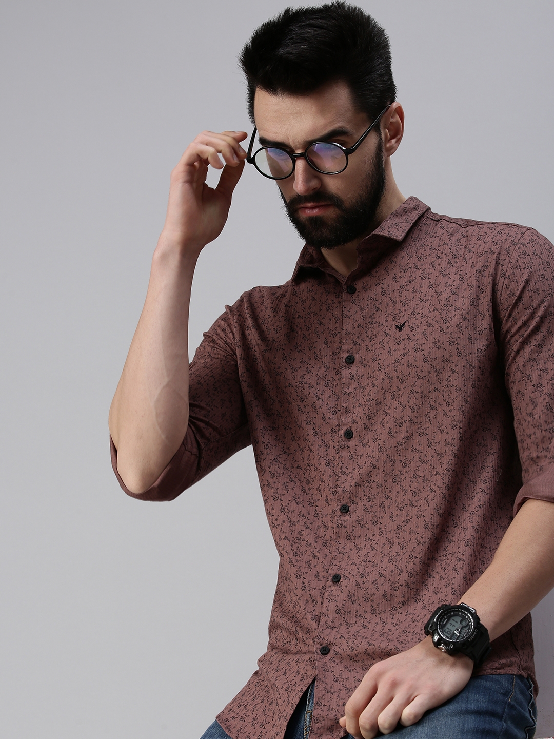 Showoff | SHOWOFF Men Brown Printed Slim Collar Full Sleeves Casual Shirt 0