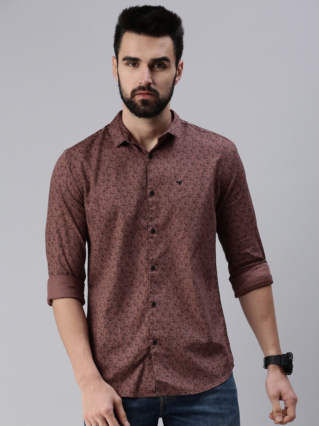 Showoff | SHOWOFF Men Brown Printed Slim Collar Full Sleeves Casual Shirt 1