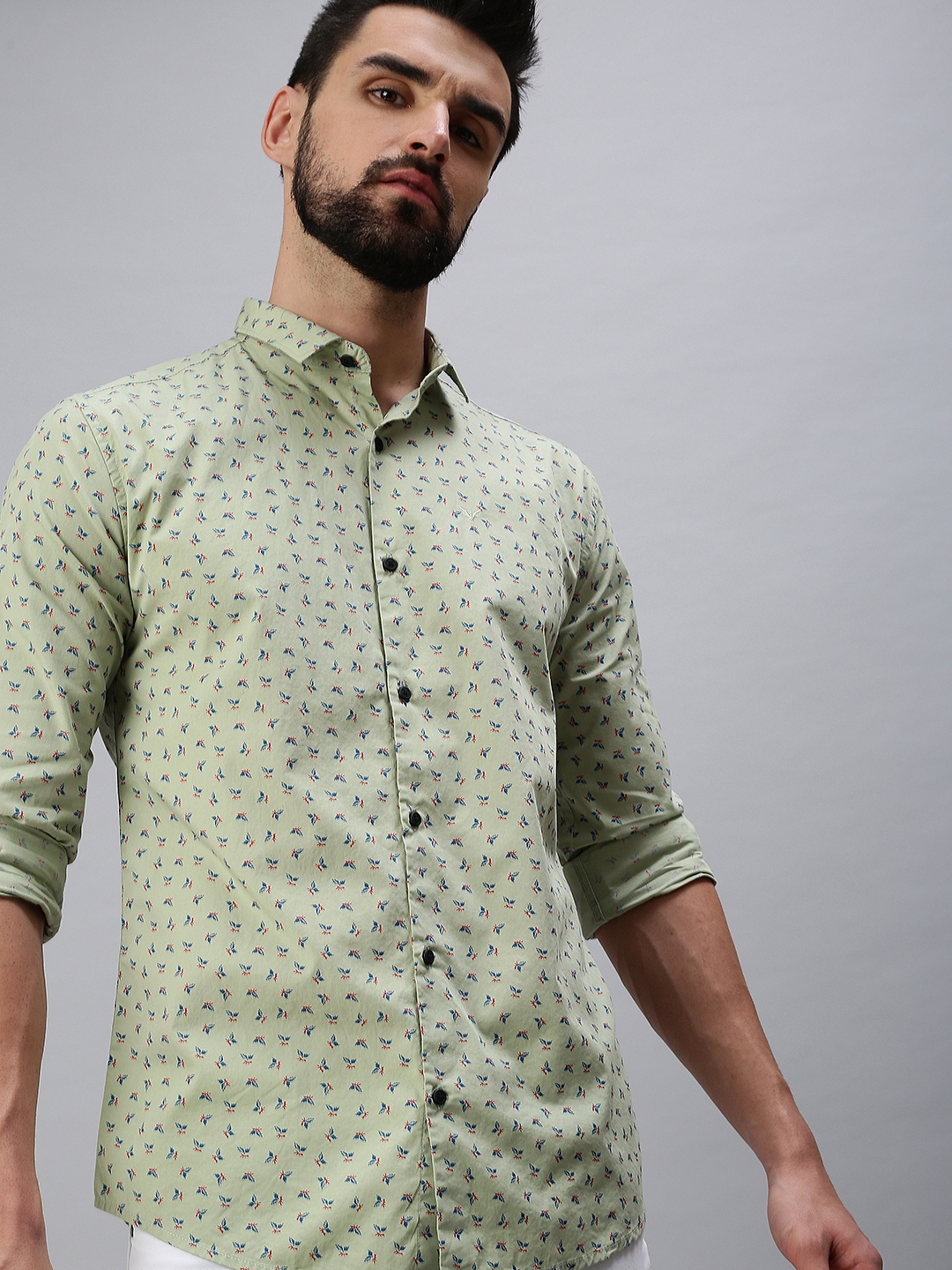 Showoff | SHOWOFF Men Green Printed Slim Collar Full Sleeves Casual Shirt 0
