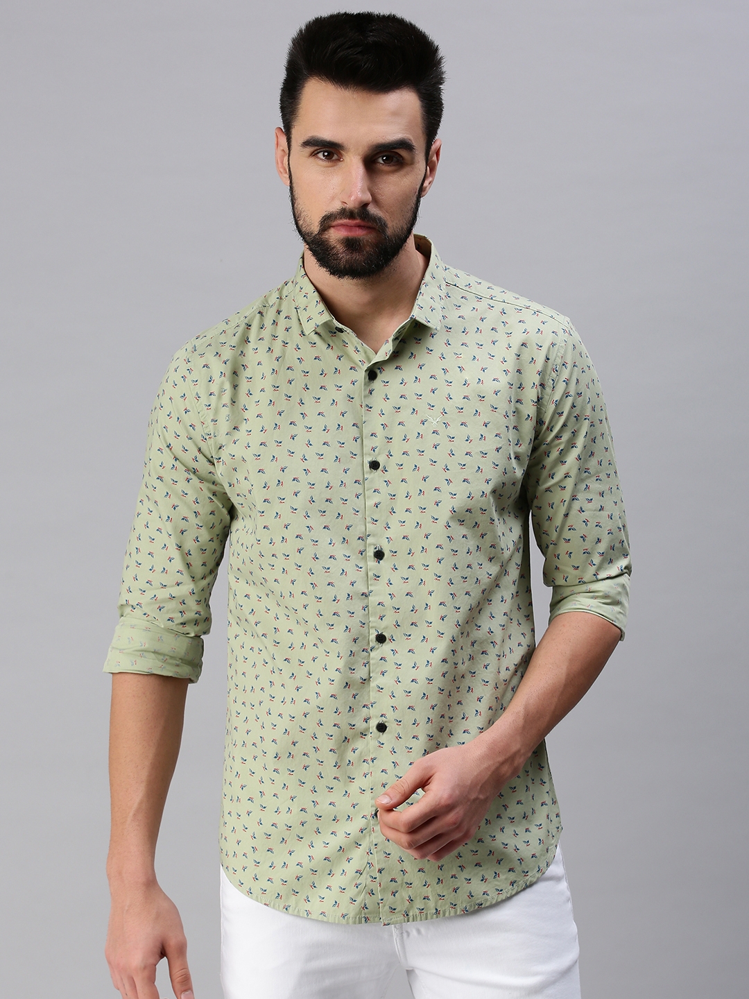 Showoff | SHOWOFF Men Green Printed Slim Collar Full Sleeves Casual Shirt 1