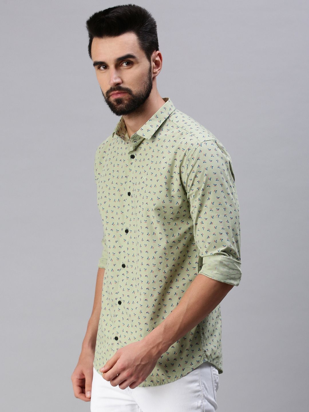 Showoff | SHOWOFF Men Green Printed Slim Collar Full Sleeves Casual Shirt 2