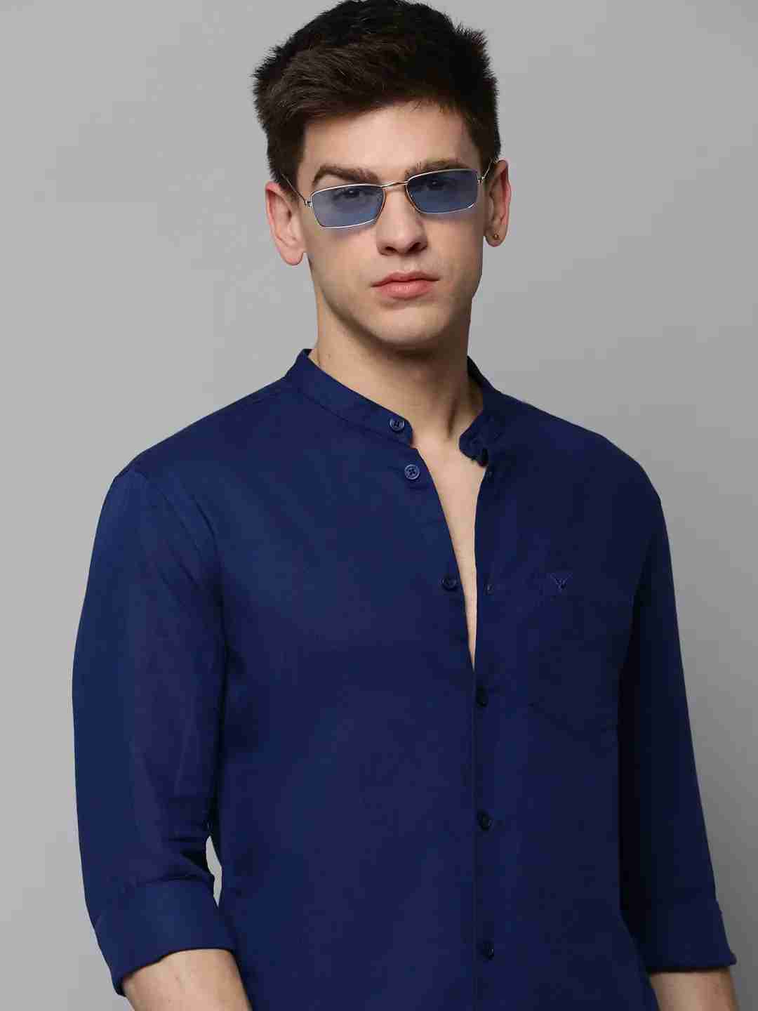 SHOWOFF Men Navy Blue Solid Mandarin Collar Full Sleeves Casual Shirt