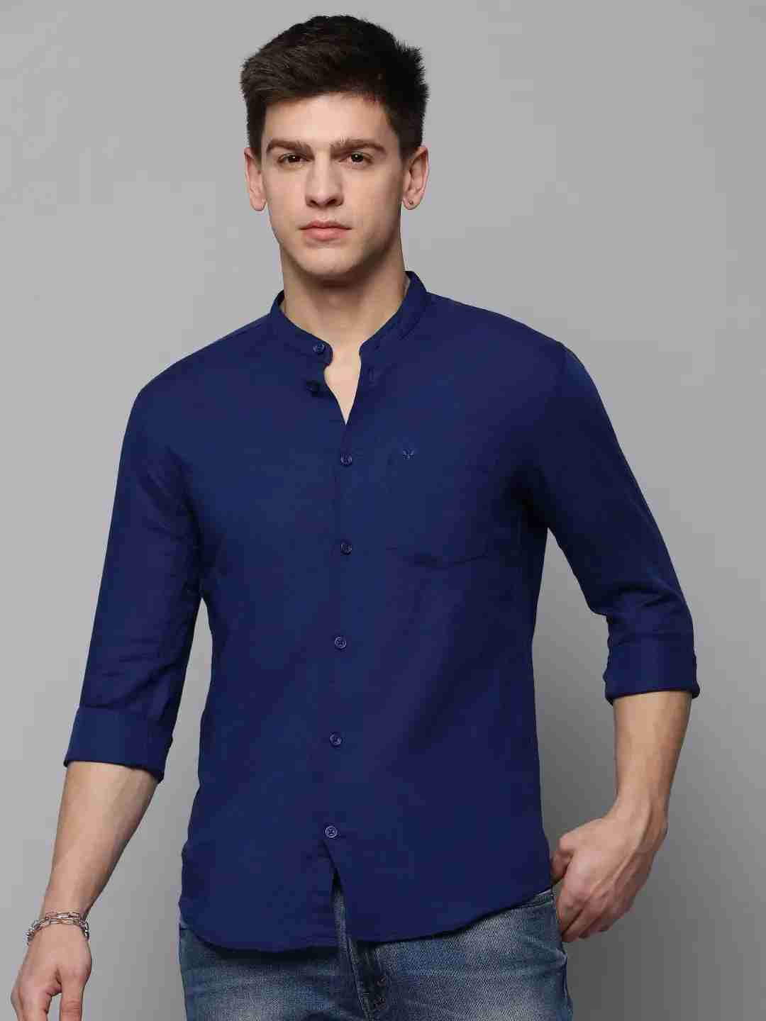 SHOWOFF Men Navy Blue Solid Mandarin Collar Full Sleeves Casual Shirt