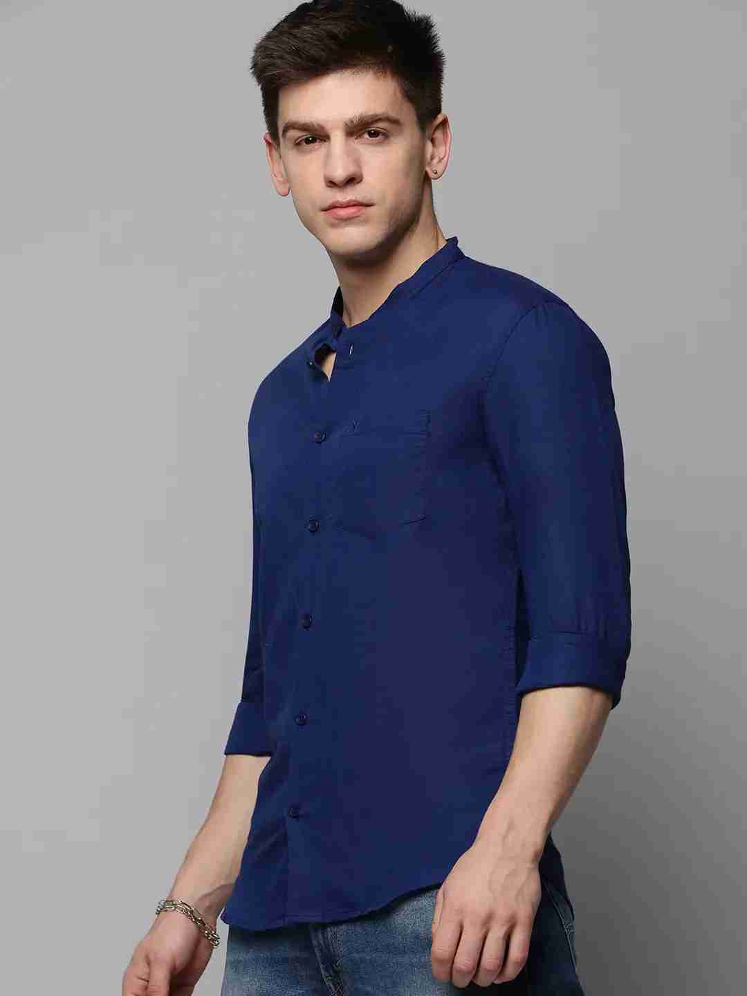 SHOWOFF Men Navy Blue Solid Mandarin Collar Full Sleeves Casual Shirt