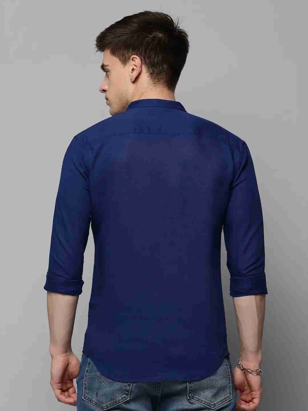 SHOWOFF Men Navy Blue Solid Mandarin Collar Full Sleeves Casual Shirt