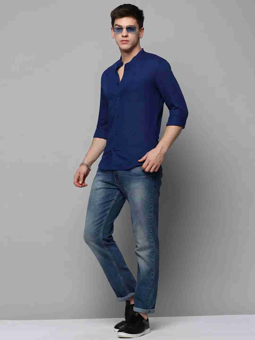 SHOWOFF Men Navy Blue Solid Mandarin Collar Full Sleeves Casual Shirt