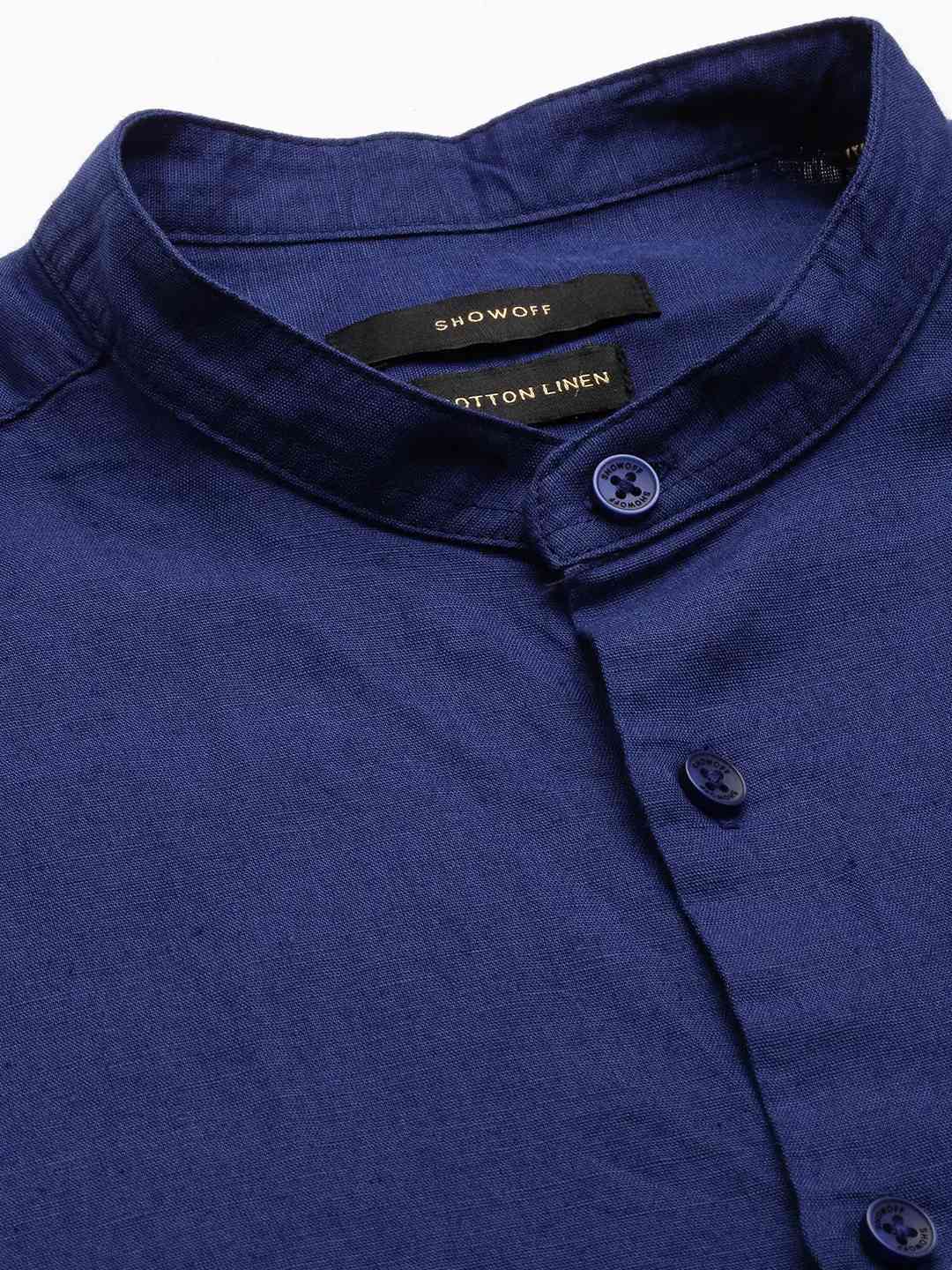 SHOWOFF Men Navy Blue Solid Mandarin Collar Full Sleeves Casual Shirt