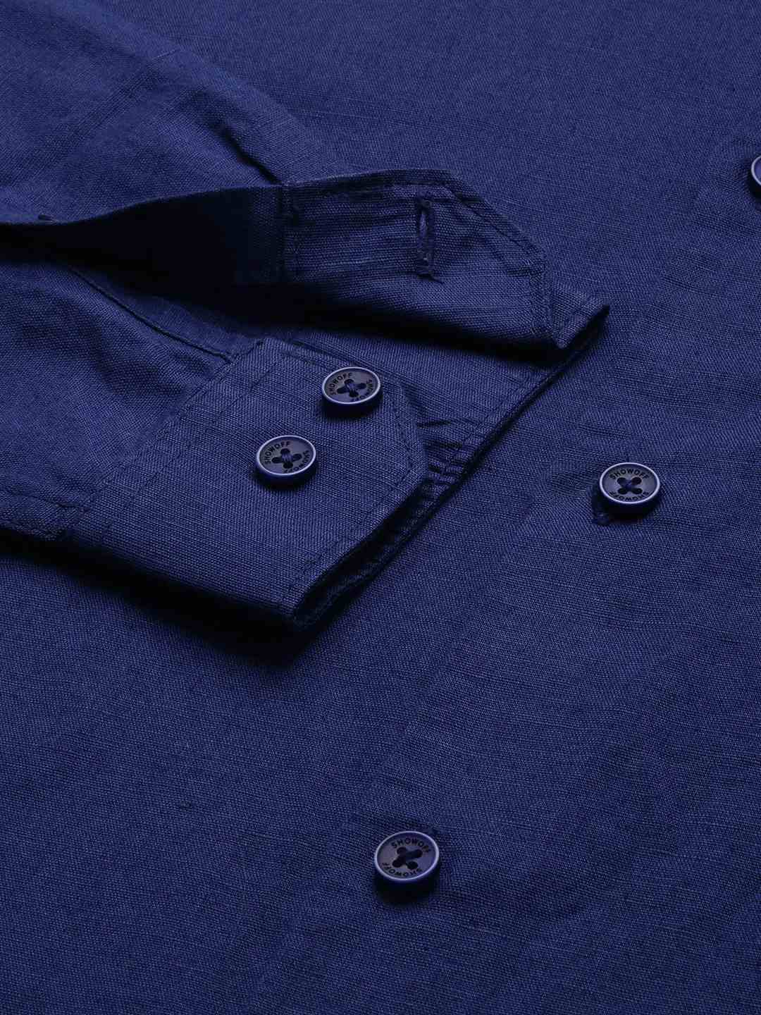 SHOWOFF Men Navy Blue Solid Mandarin Collar Full Sleeves Casual Shirt
