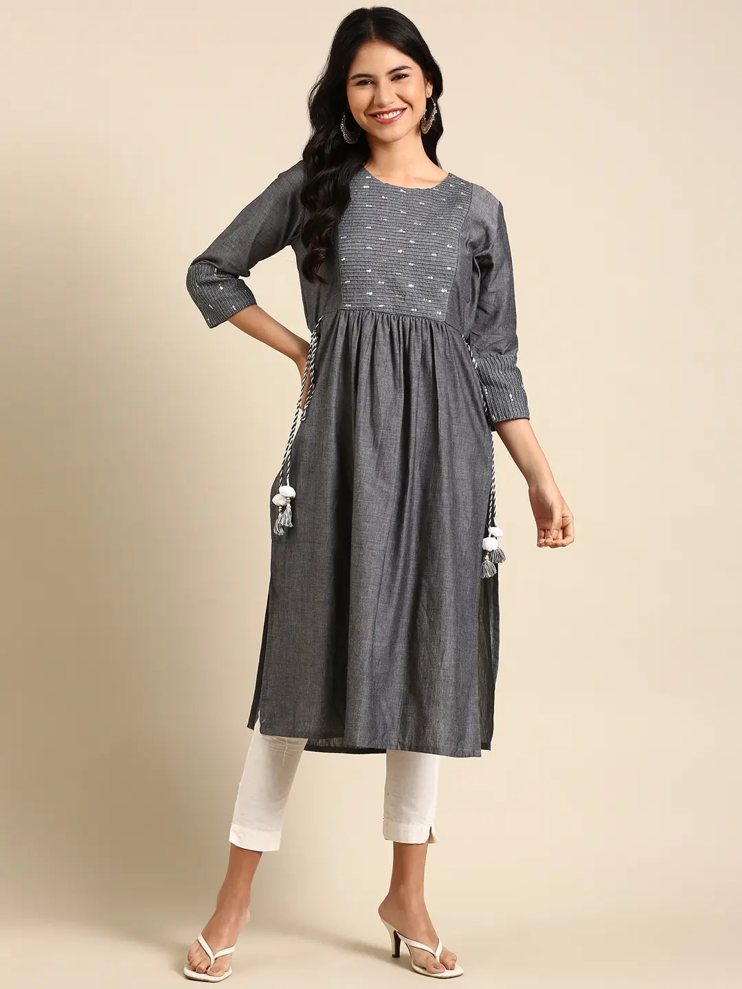 Showoff | SHOWOFF Women Grey Embellished Round Neck Three-Quarter Sleeves Ankle Length Anarkali Kurta 3