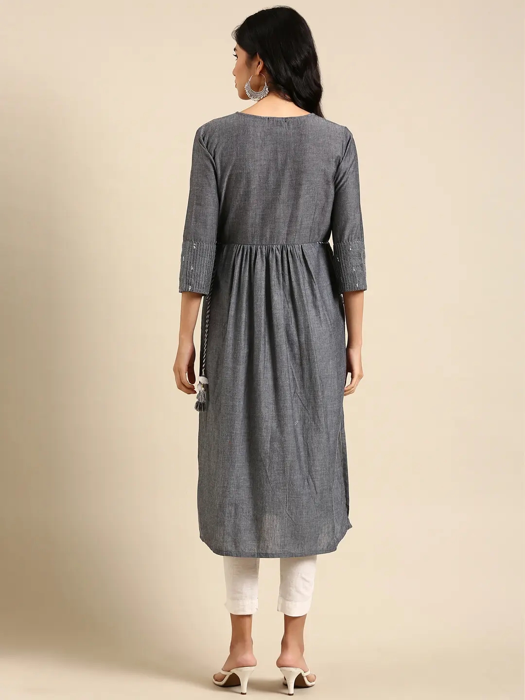 Showoff | SHOWOFF Women Grey Embellished Round Neck Three-Quarter Sleeves Ankle Length Anarkali Kurta 4