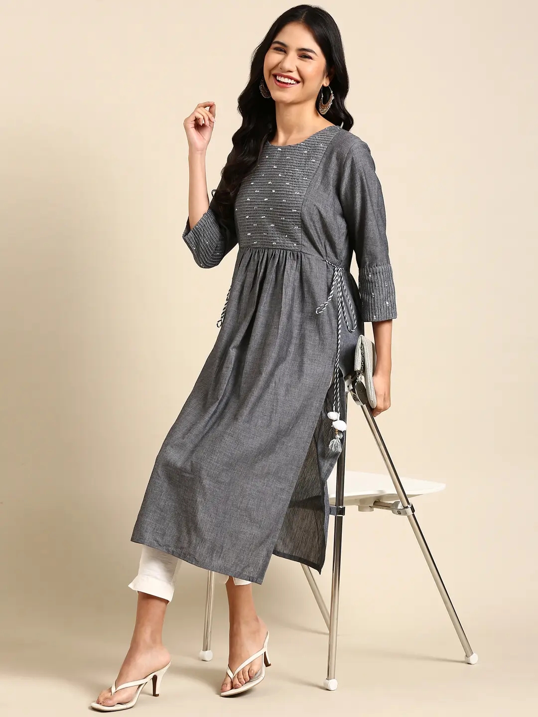 Showoff | SHOWOFF Women Grey Embellished Round Neck Three-Quarter Sleeves Ankle Length Anarkali Kurta 5