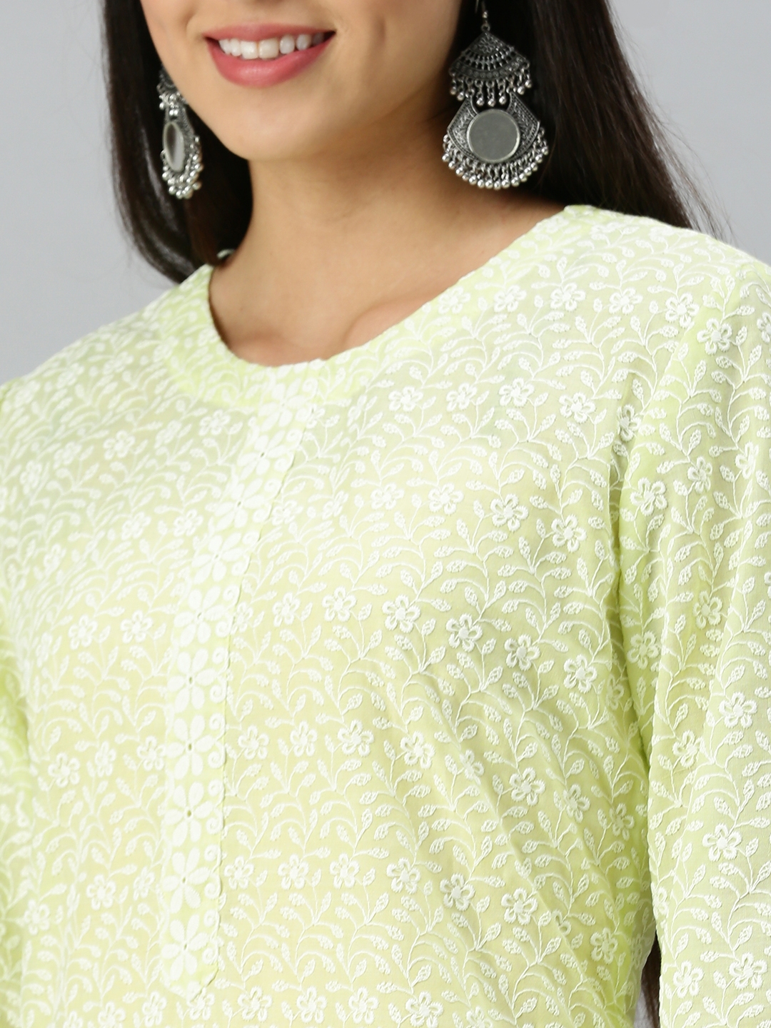 Showoff | SHOWOFF Women Lime Green Printed Round Neck Three-Quarter Sleeves Mid Length Straight Kurta 6