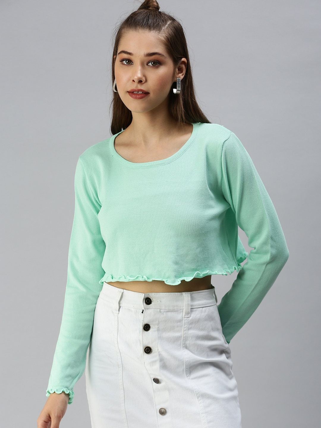 Showoff | SHOWOFF Women Green Solid Round Neck Full Sleeves Crop Fitted Top 0