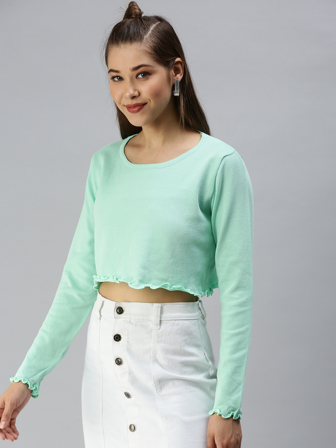 Showoff | SHOWOFF Women Green Solid Round Neck Full Sleeves Crop Fitted Top 1