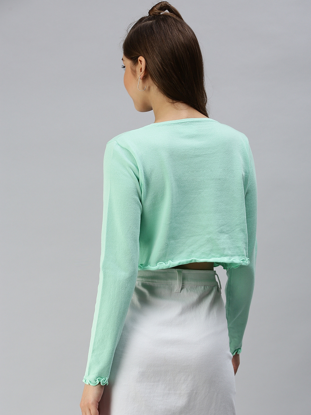 Showoff | SHOWOFF Women Green Solid Round Neck Full Sleeves Crop Fitted Top 2