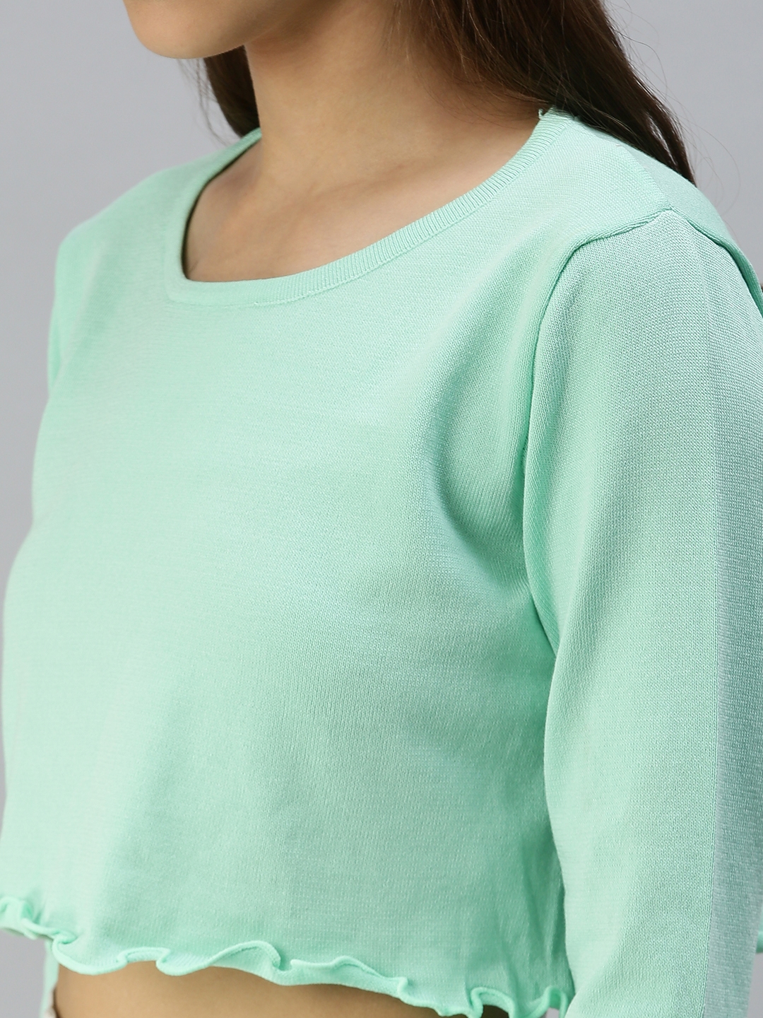 Showoff | SHOWOFF Women Green Solid Round Neck Full Sleeves Crop Fitted Top 4
