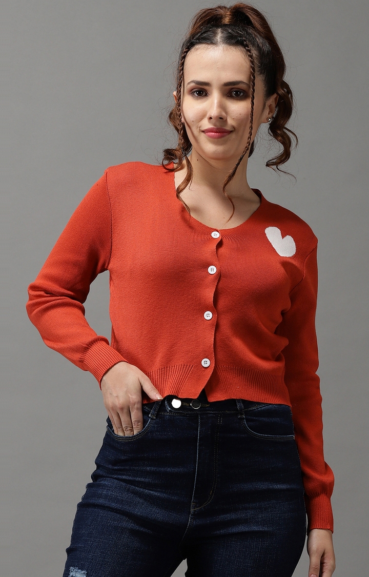 Showoff | SHOWOFF Women Orange Solid V Neck Full Sleeves Front-Open Sweater 0