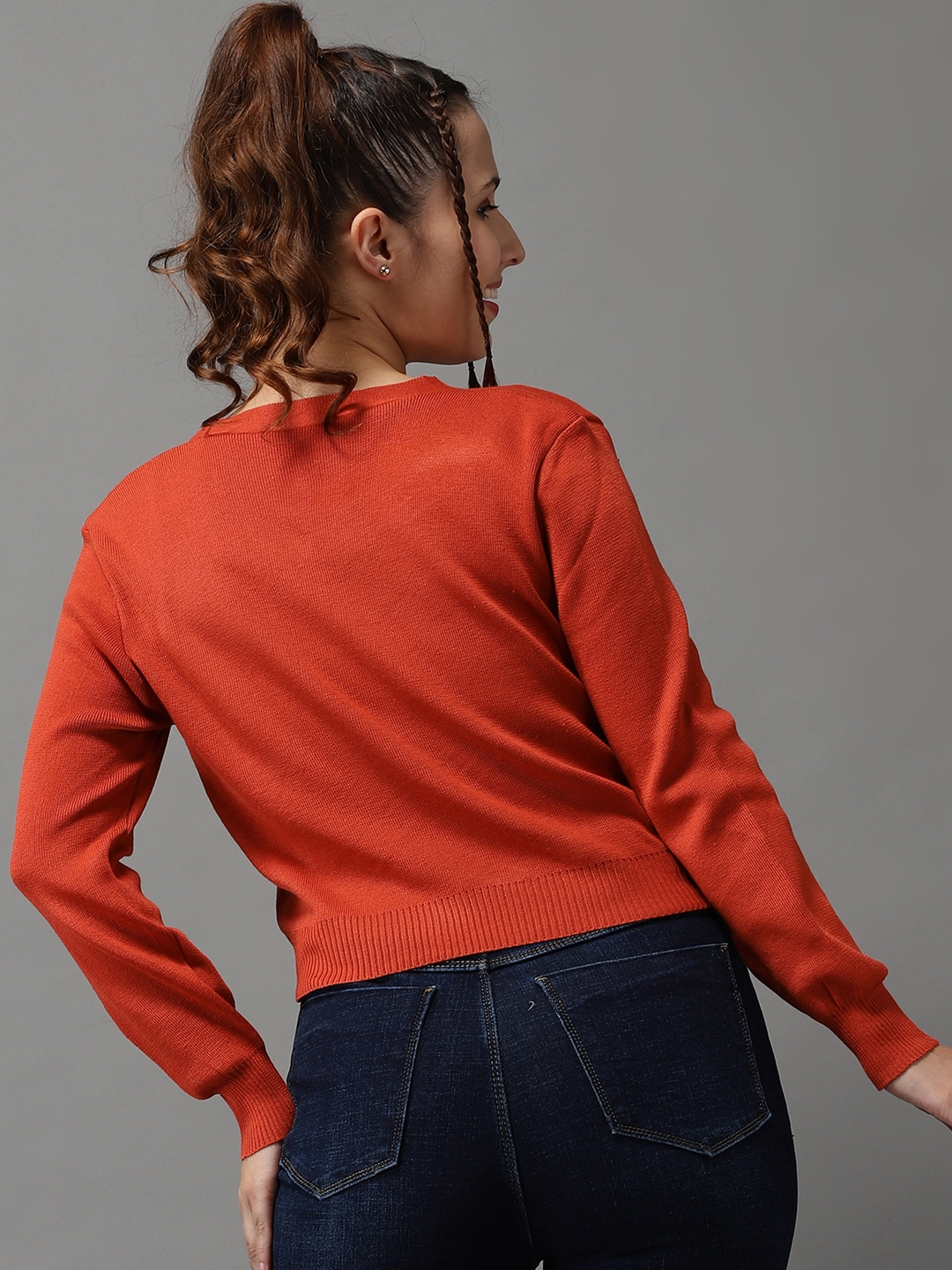Showoff | SHOWOFF Women Orange Solid V Neck Full Sleeves Front-Open Sweater 2