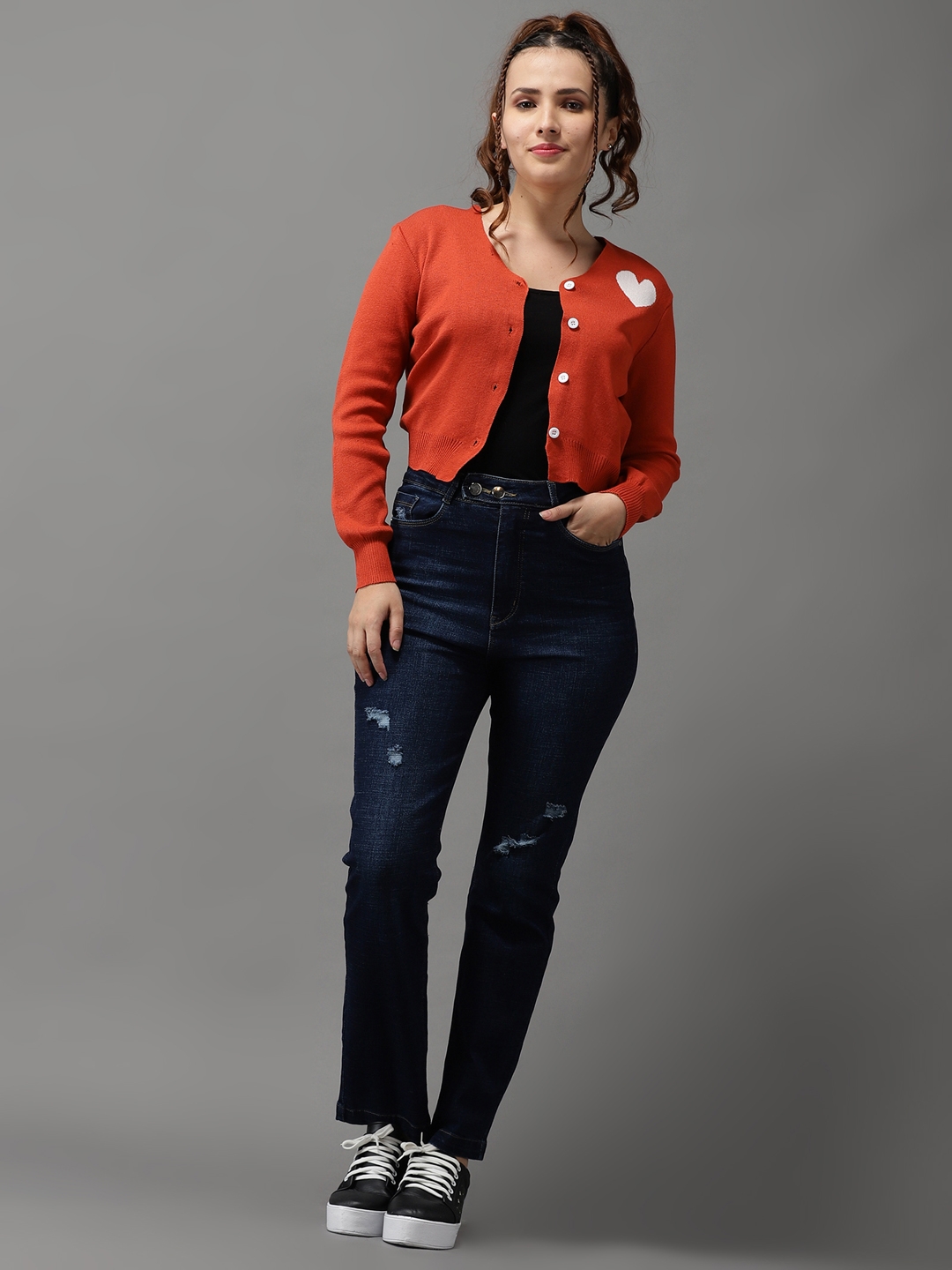 Showoff | SHOWOFF Women Orange Solid V Neck Full Sleeves Front-Open Sweater 3